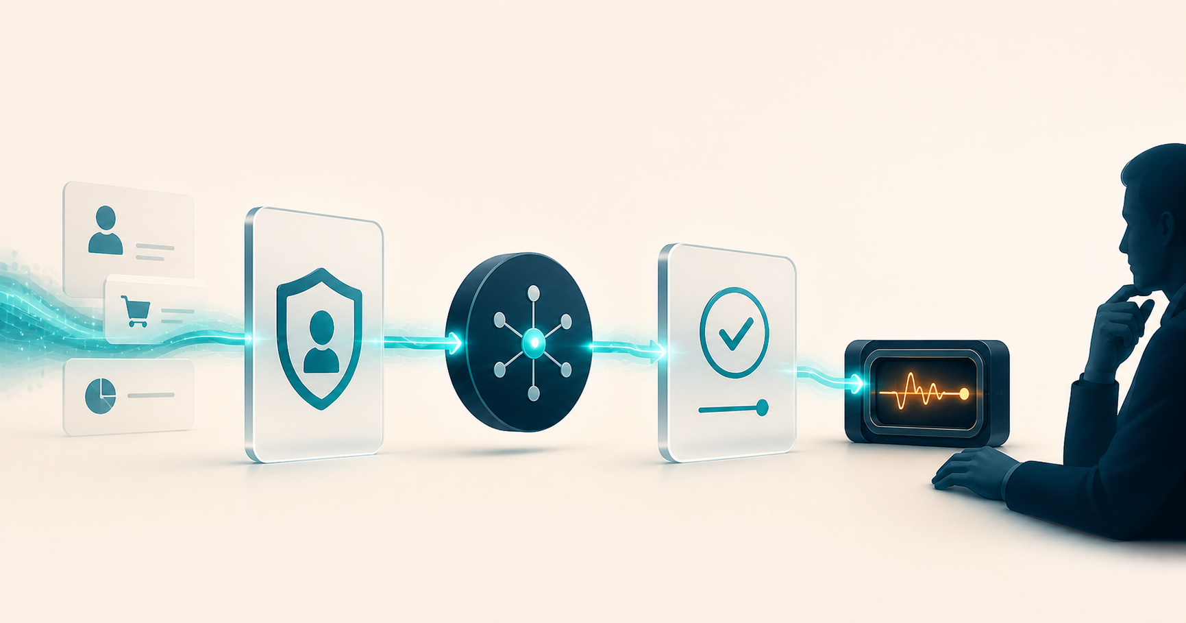 An AI-driven business action passing through permission, decision, validation, and recorded-evidence checkpoints under human oversight