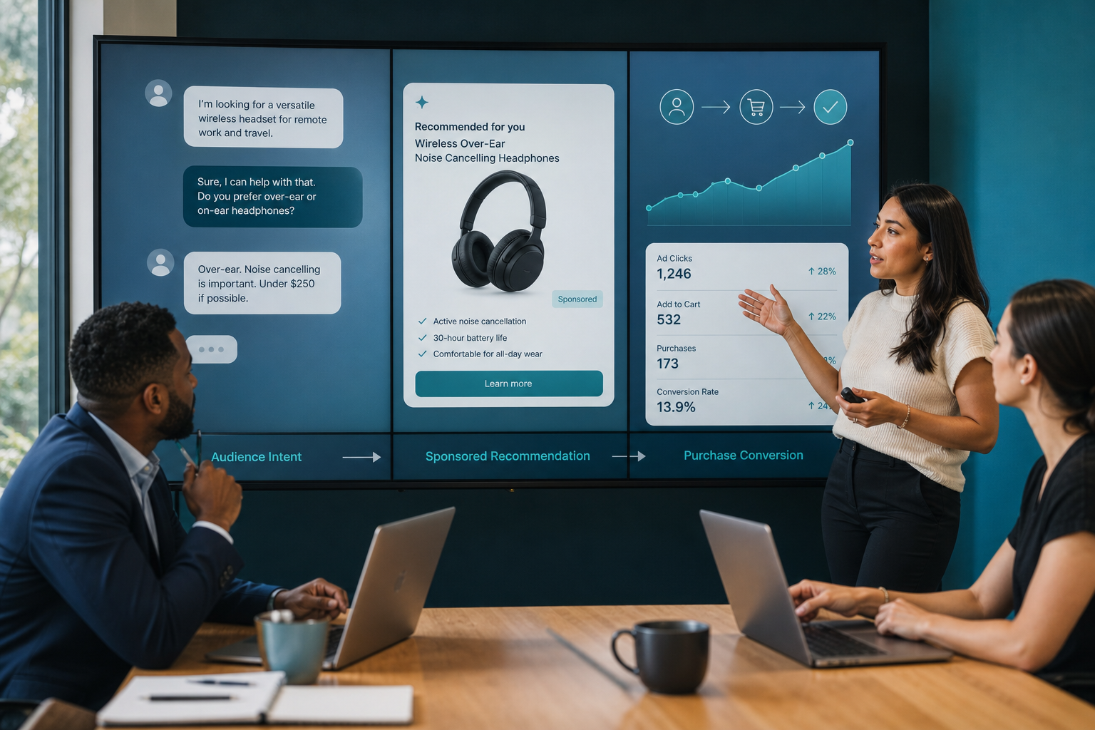A business professional evaluating competing services through a conversational AI interface with a clearly separated sponsored recommendation