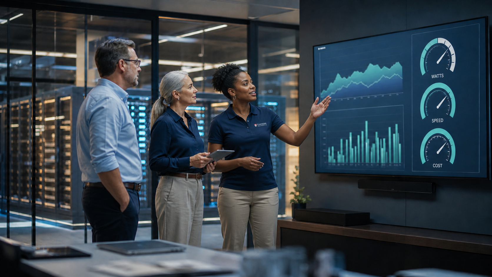 A Black female leader in an Eastern University polo discusses AI watts, speed, and cost measures with two business colleagues.
