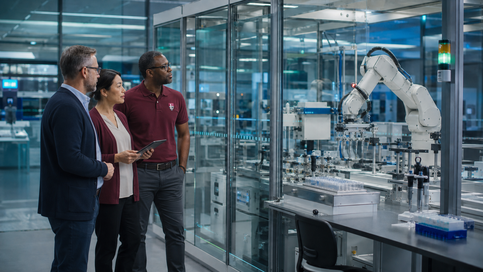 Operations leaders monitoring an AI-coordinated robotic arm and laboratory equipment within defined safety boundaries.